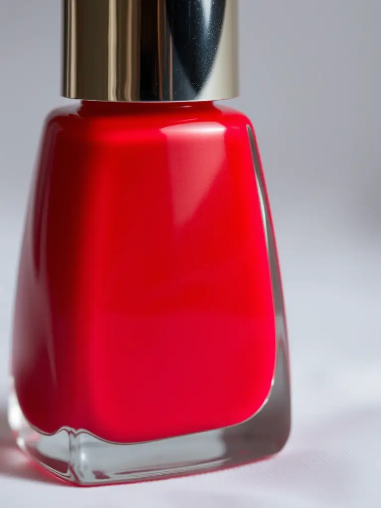 A close-up shot of a bottle of vibrant red nail polish with a glossy finish, reflecting light and showcasing its rich color.