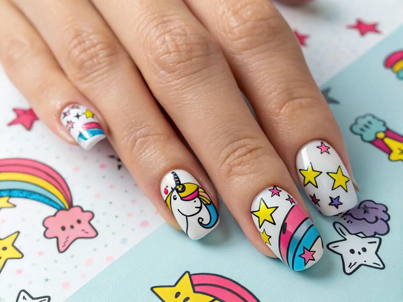 An assortment of nail care accessories, such as nail stickers, gems, and decals, displayed creatively to showcase the endless possibilities for nail art. The background is a vibrant, colorful pattern.