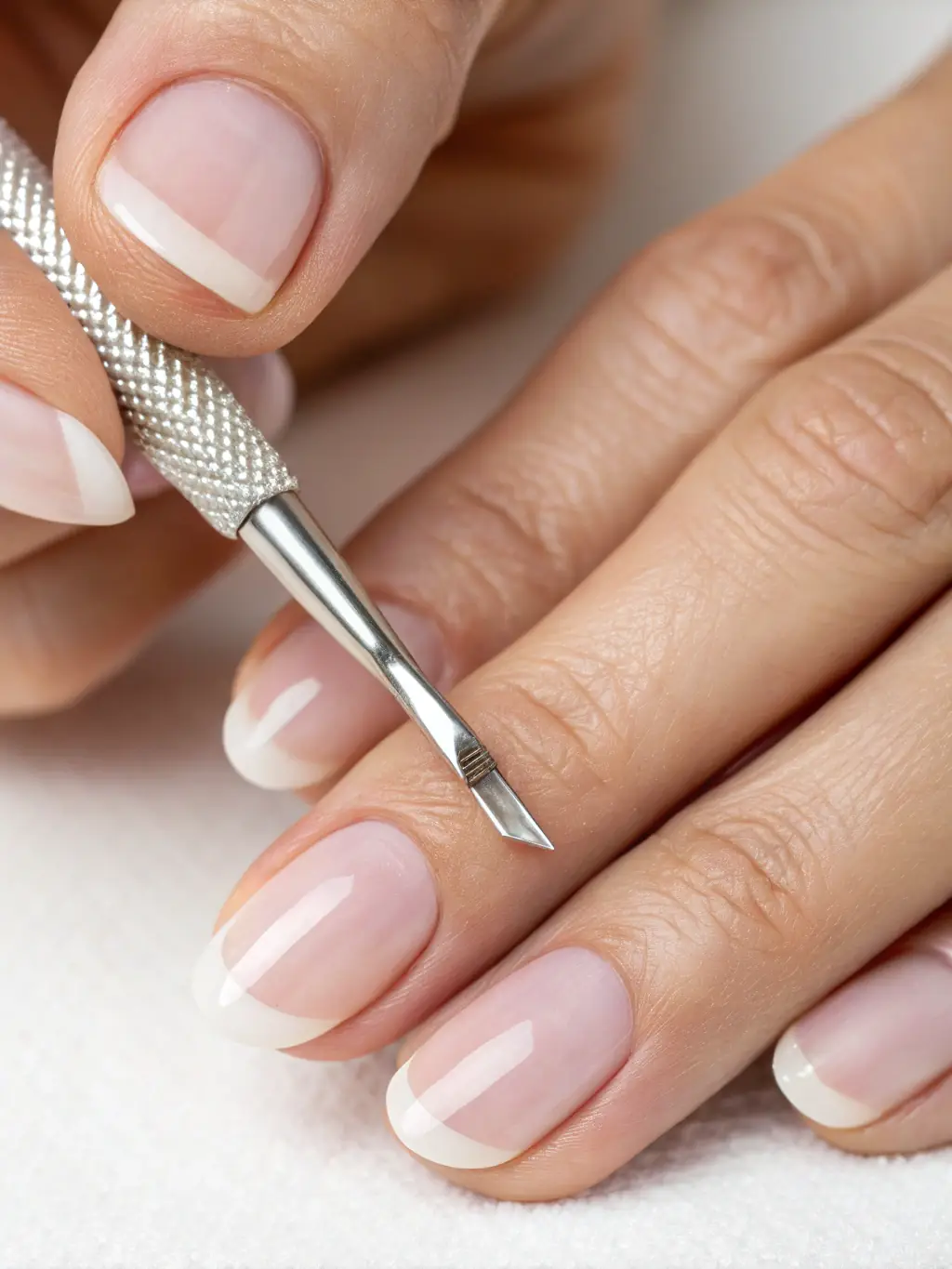 A hand holding a cuticle oil pen, with a drop of oil visible on the cuticle, highlighting its moisturizing effect.